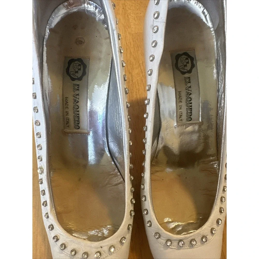 vintage el vaquero white leather heels pumps‎ rhinestone outline size 37